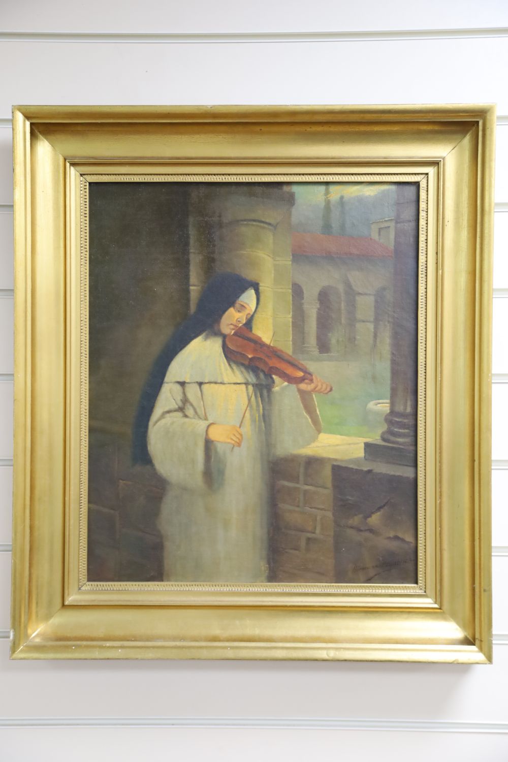 Hermann Kaulbach (1846-1909), oil on canvas, Nun playing a violin, signed, 46 x 38cm